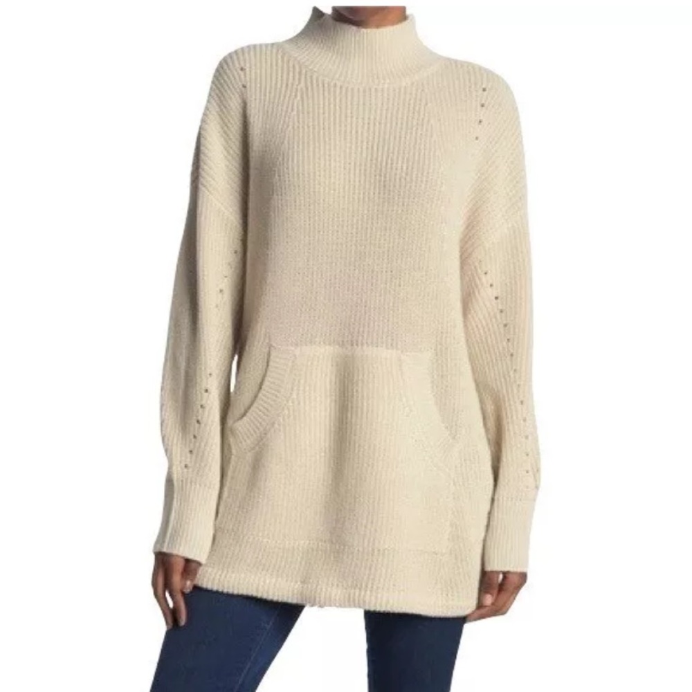 RDI Nordstrom Mock Neck Kangaroo Pocket Ribbed Tunic Sweater Tan Medium NEW